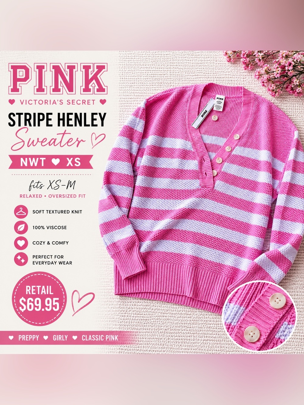 Victoria’s Secret PINK Pink Stripe Sweater XS Oversized Fits S/M NWT